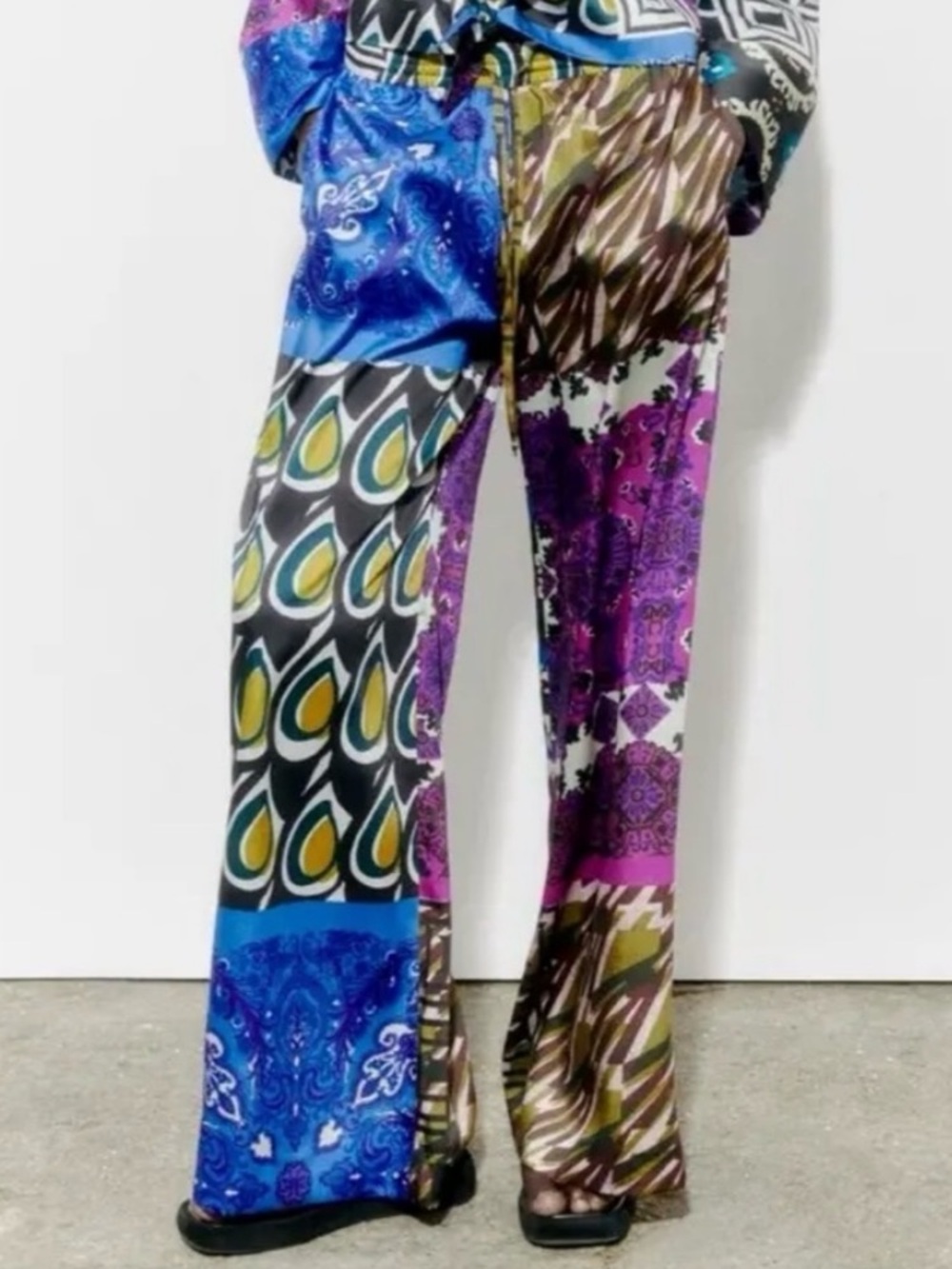 ZARA Wide Leg Patchwork Boho Comfy Silky Satin Pants Size small